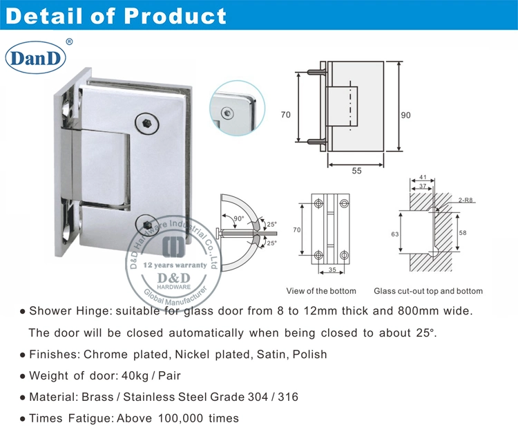 European 90 Degree Frameless Heavy Duty Bathromm Spring Adjustable Door Hardware Fitting Brass Types Pivot Glass Clamp Clip Connector to Shower Glass Hinge